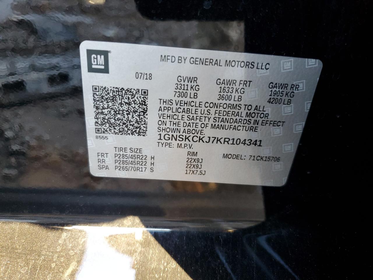 2019 Chevrolet Tahoe VIN 1GNSKCKJ7KR104341 Copart auction photo, side damage thumbnail 13