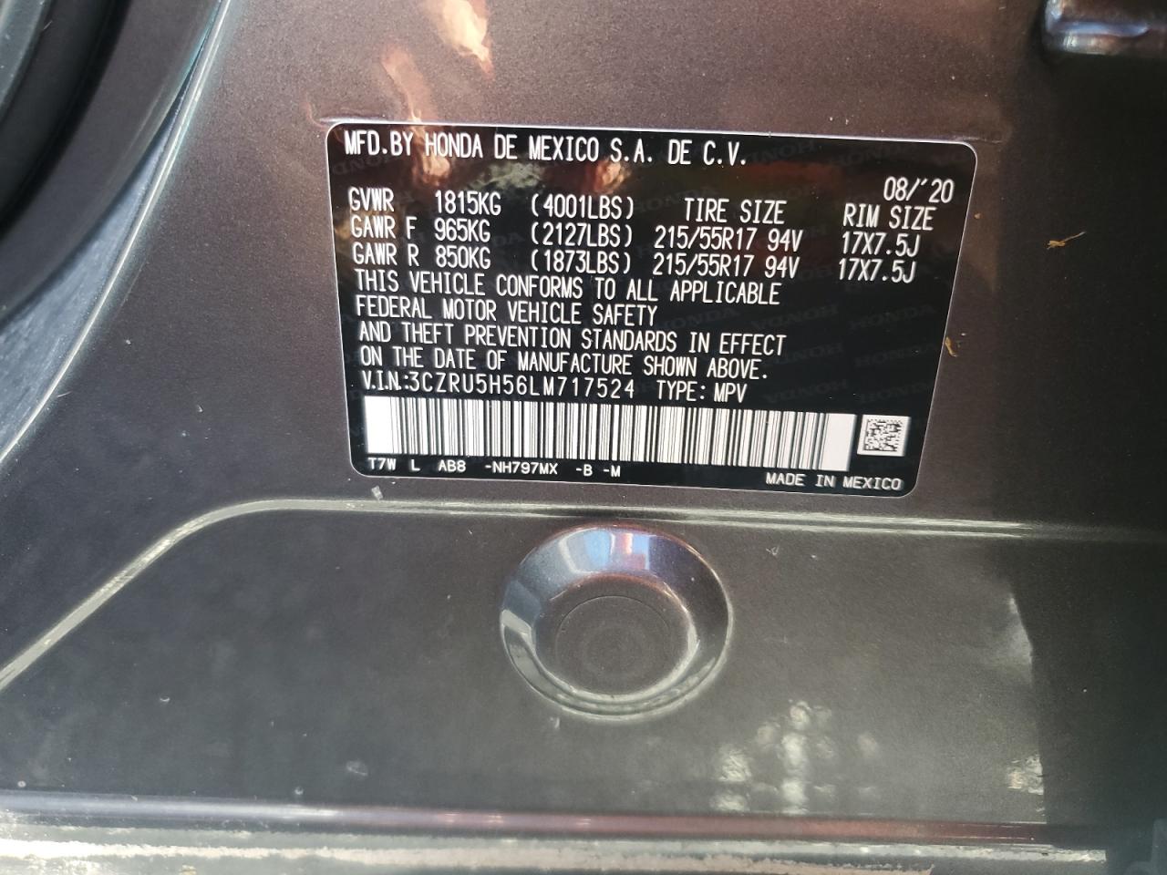 2020 Honda HR-V VIN 3CZRU5H56LM717524 Copart auction photo, water/flood damage thumbnail 13
