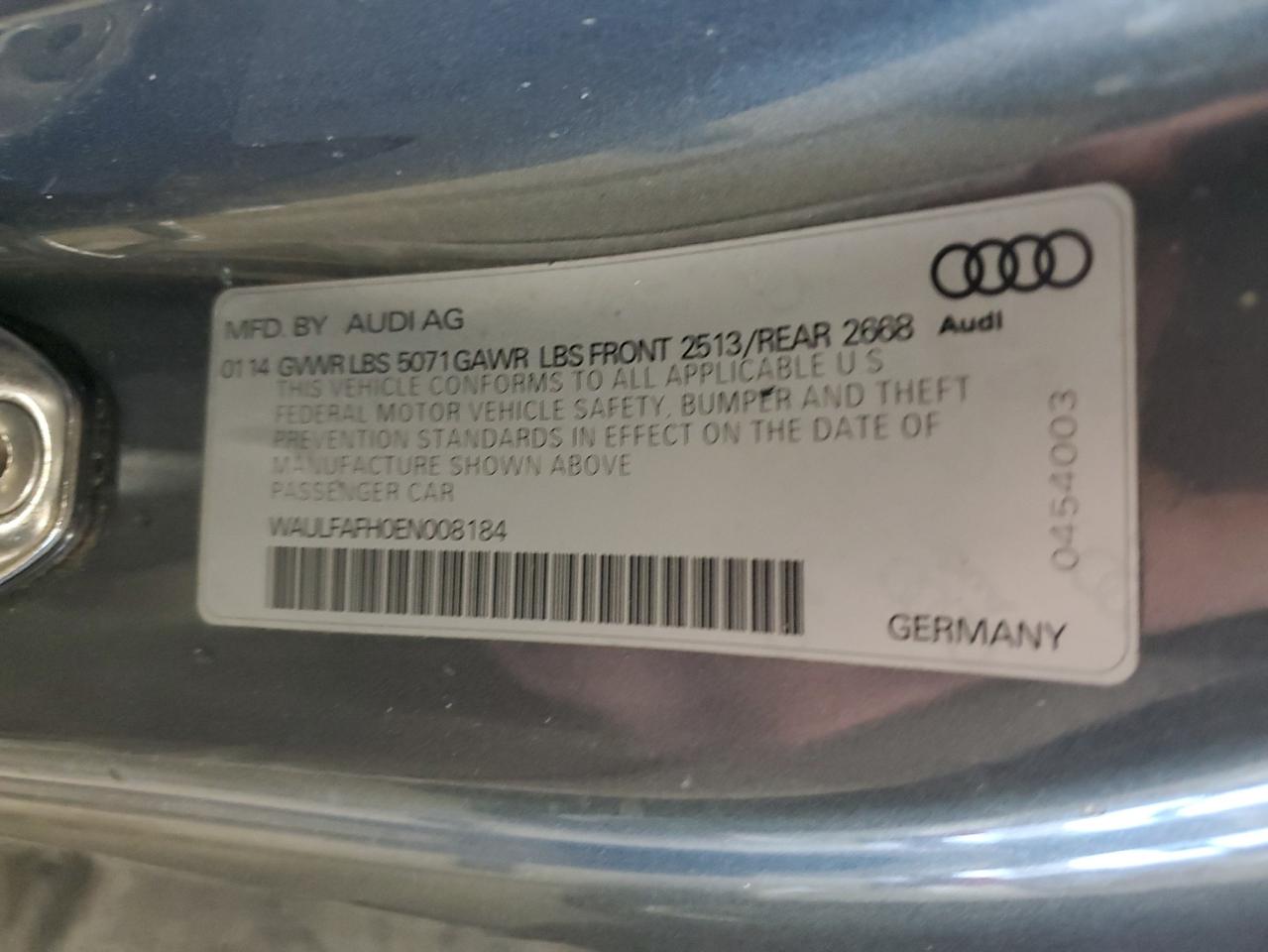 2014 Audi A5 VIN WAULFAFH0EN008184 Copart auction photo, side / minor dent/scratches damage thumbnail 12