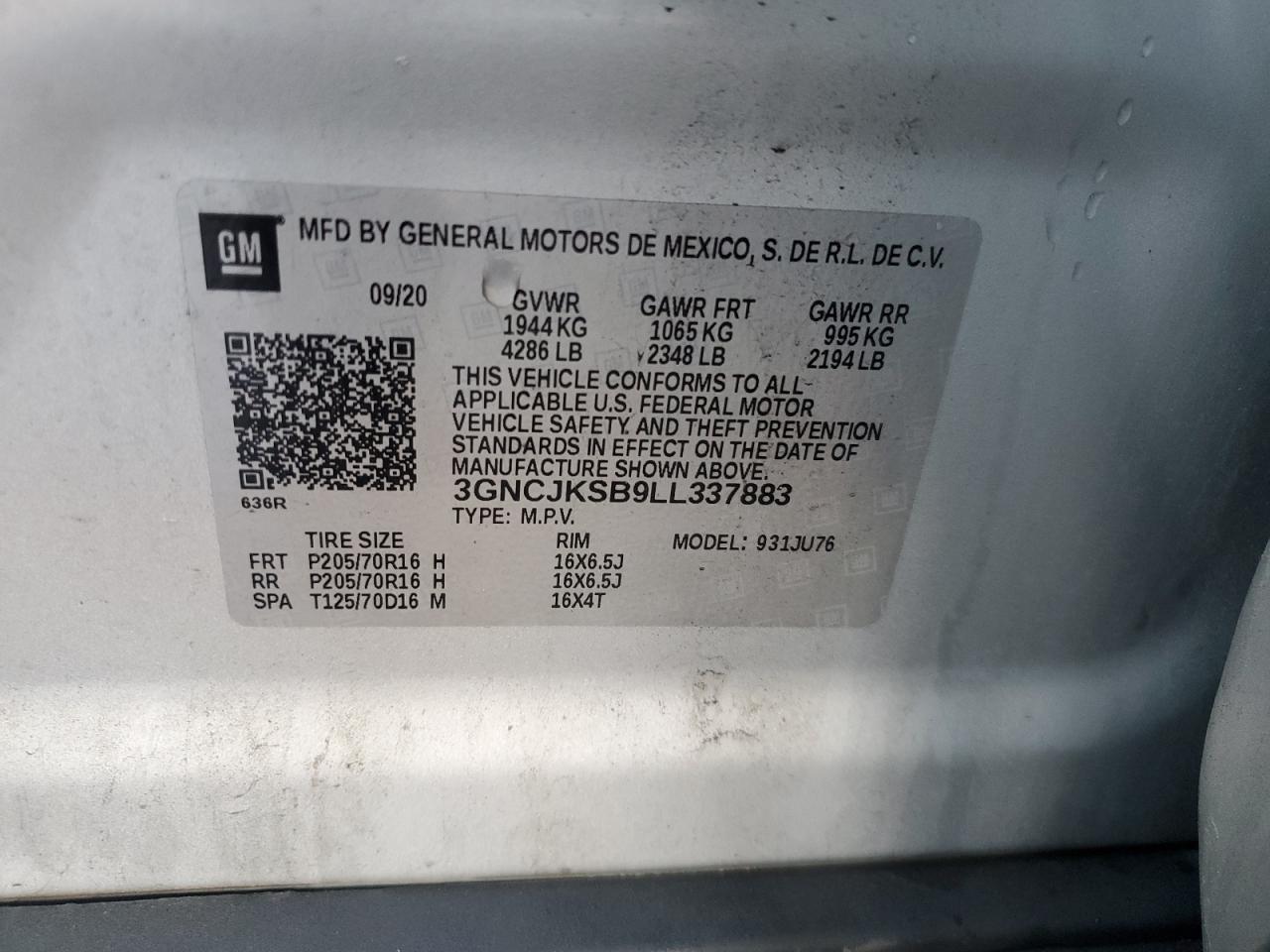 2020 Chevrolet Trax VIN 3GNCJKSB9LL337883 Copart auction photo, side damage thumbnail 13
