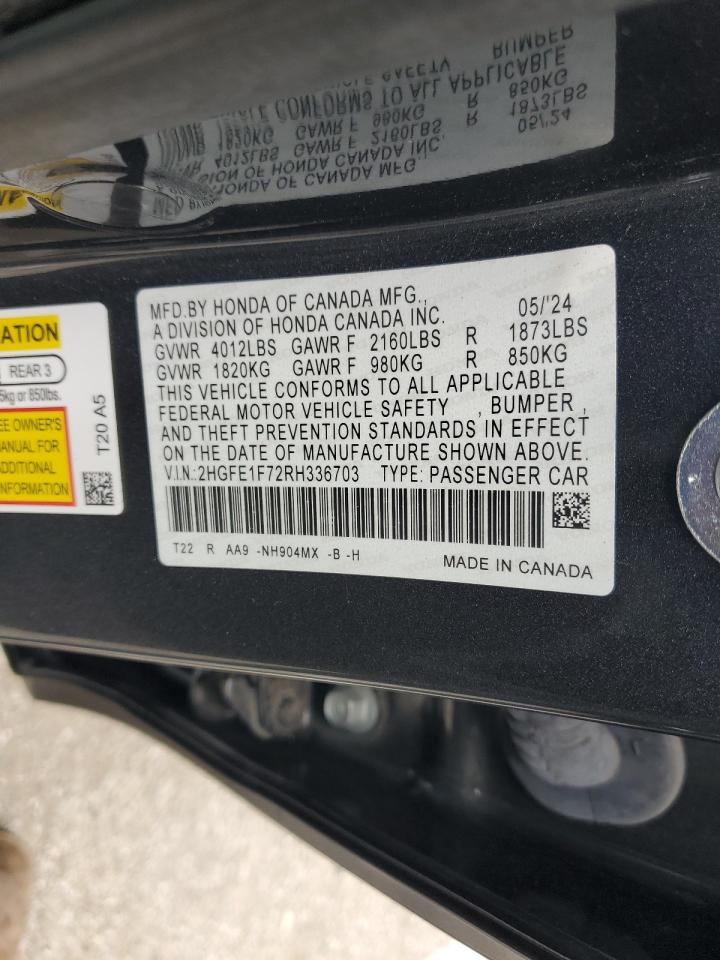 2024 Honda Civic VIN 2HGFE1F72RH336703 Copart auction photo, front end damage thumbnail 12