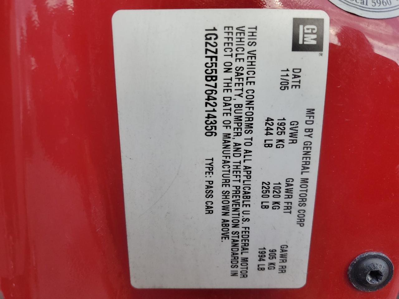 2006 Pontiac G6 VIN 1G2ZF55B764214356 Copart auction photo, front end / side damage thumbnail 12