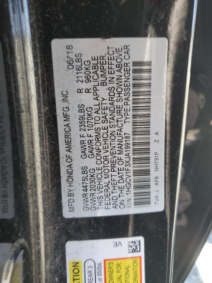 2018 Honda Accord VIN 1HGCV1F3XJA199187 Copart auction photo, front end damage thumbnail 12