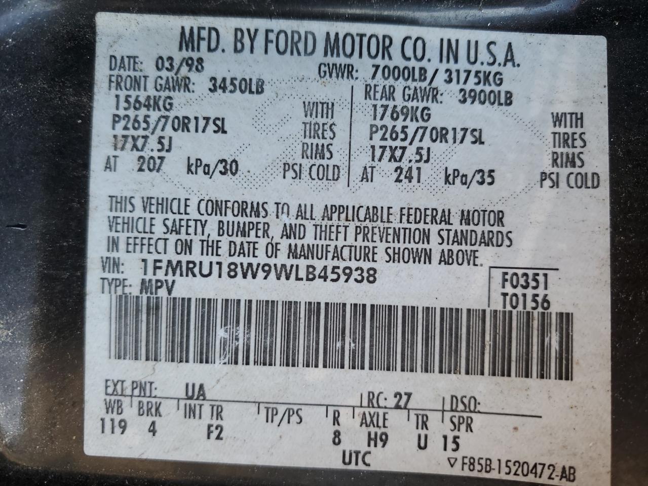 1998 Ford Expedition VIN 1FMRU18W9WLB45938 Copart auction photo, mechanical / minor dent/scratches damage thumbnail 13
