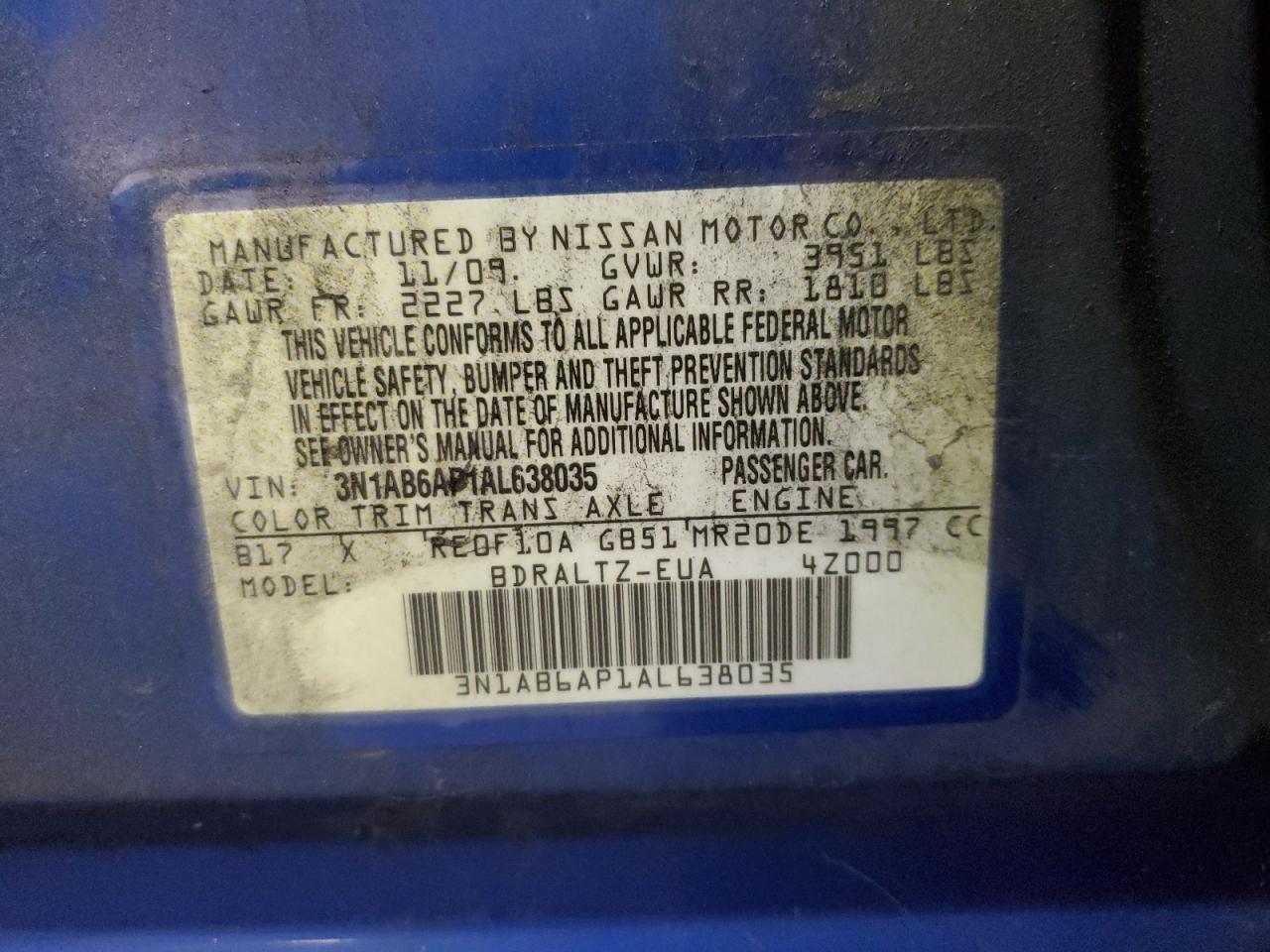 2010 Nissan Sentra VIN 3N1AB6AP1AL638035 Copart auction photo, front end damage thumbnail 13
