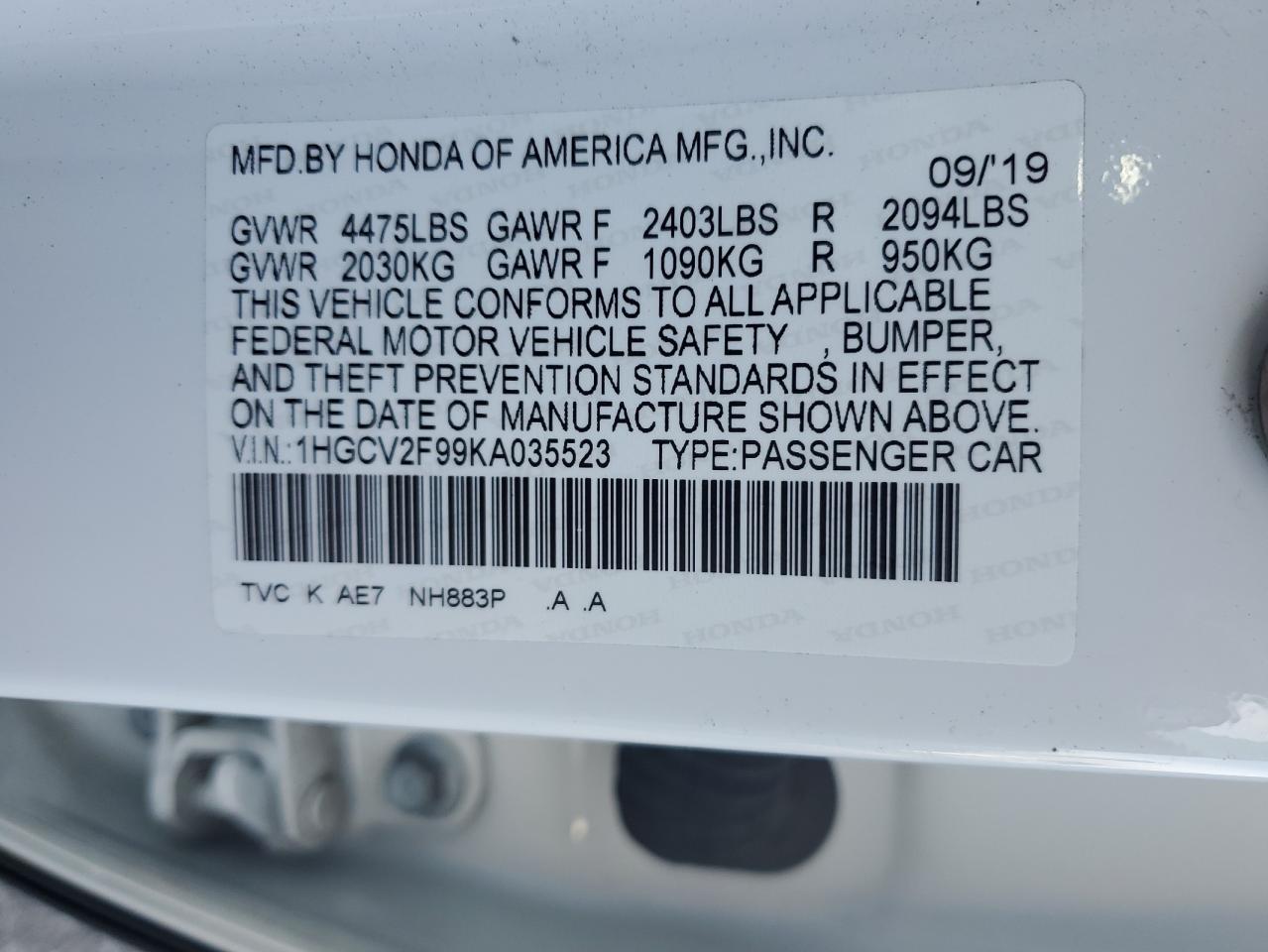 2019 Honda Accord VIN 1HGCV2F99KA035523 Copart auction photo, undercarriage / all over damage thumbnail 14