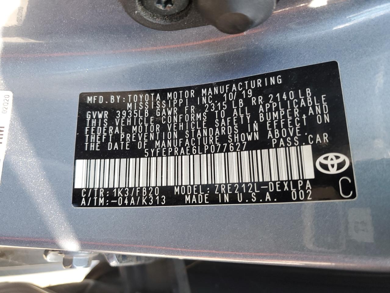 2020 Toyota Corolla VIN 5YFEPRAE6LP077627 Copart auction photo, rear end damage thumbnail 13