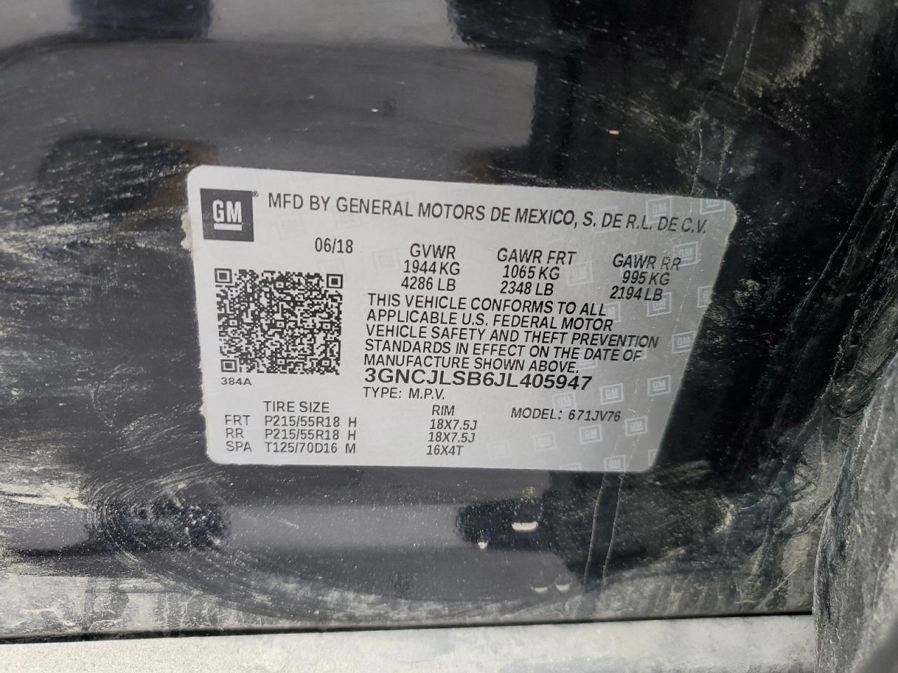 2018 Chevrolet Trax VIN 3GNCJLSB6JL405947 Copart auction photo, front end / side damage thumbnail 16