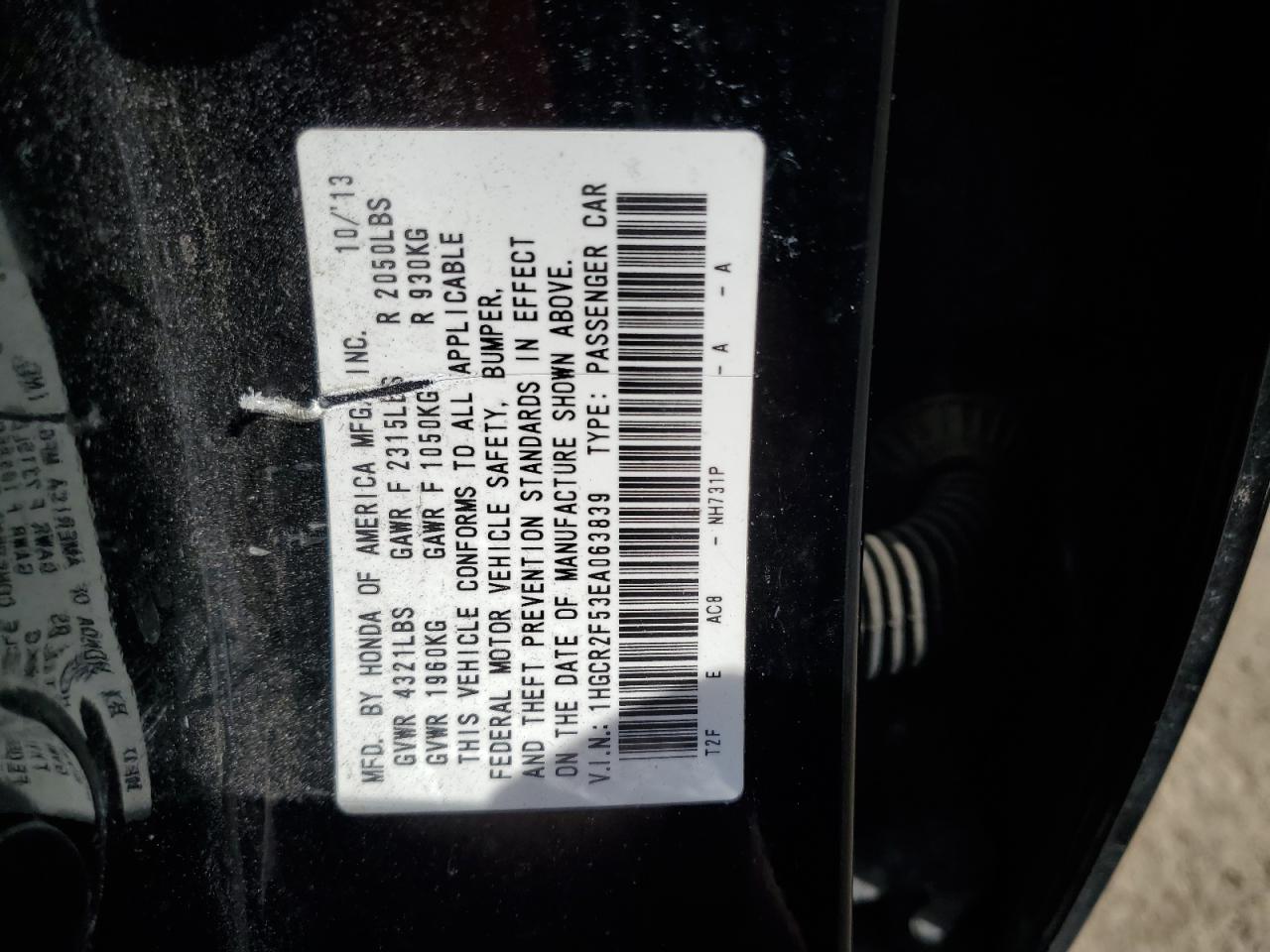 2014 Honda Accord VIN 1HGCR2F53EA063839 Copart auction photo, front end damage thumbnail 14