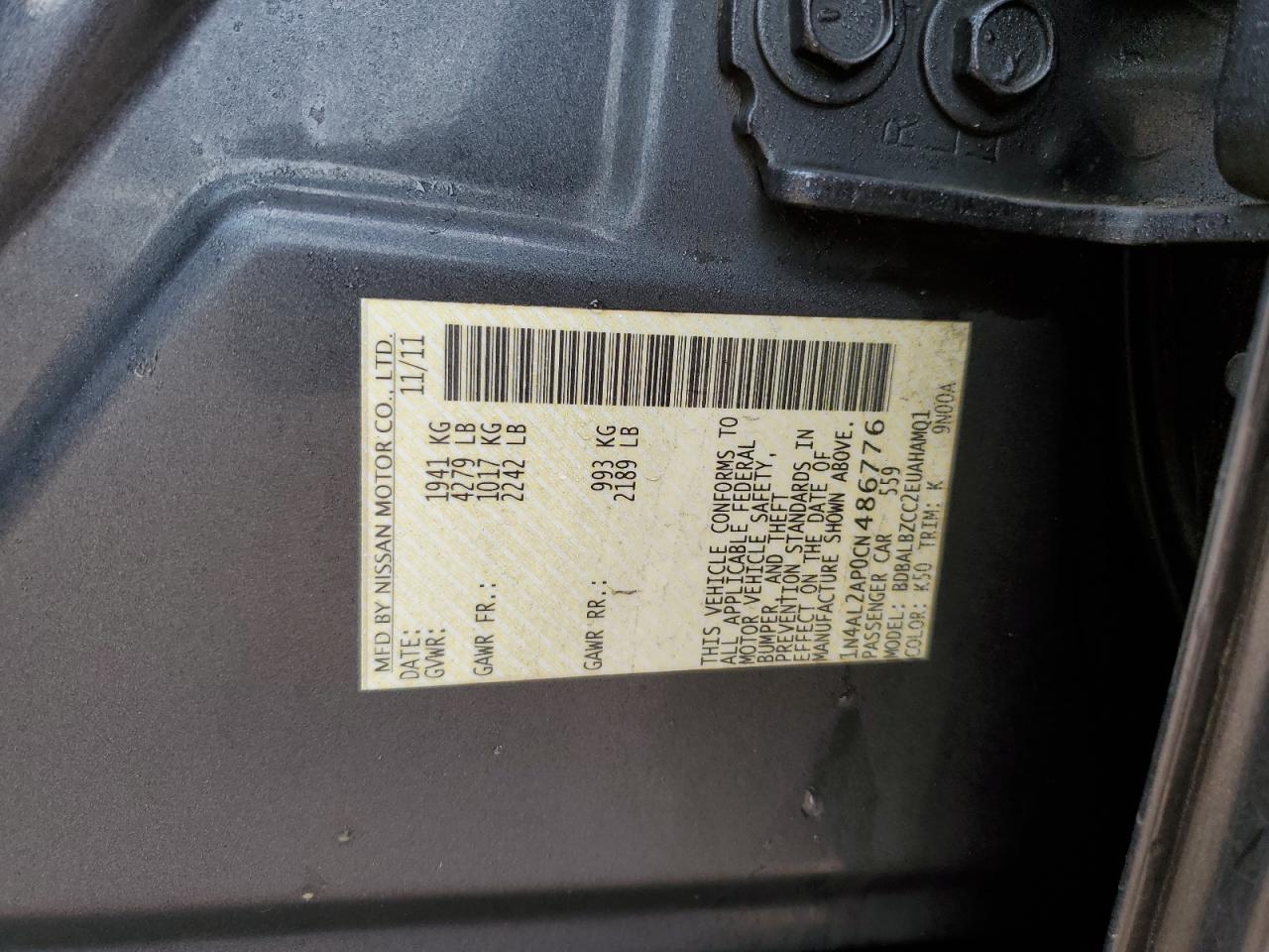 2012 Nissan Altima VIN 1N4AL2AP0CN486776 Copart auction photo, rear end damage thumbnail 12