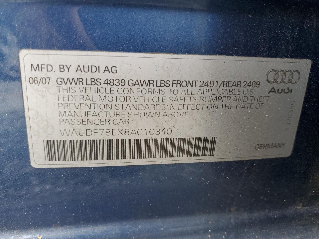 2008 Audi A4 VIN WAUDF78EX8A010840 Copart auction photo, front end damage thumbnail 13
