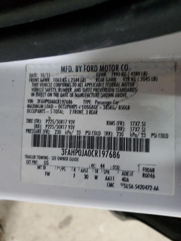2012 Ford Fusion VIN 3FAHP0JA0CR197686 Copart auction photo, front end damage thumbnail 13