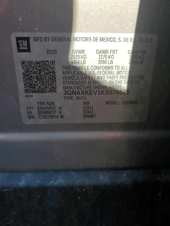 2019 Chevrolet Equinox VIN 3GNAXKEV1KS579535 Copart auction photo, rear end damage thumbnail 13
