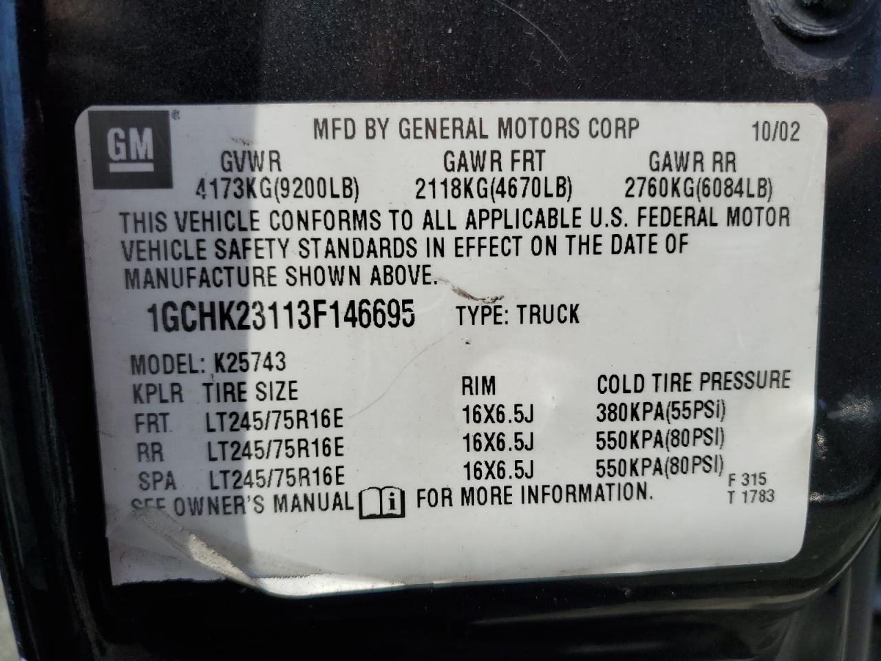 2003 Chevrolet Silverado VIN 1GCHK23113F146695 Copart auction photo, front end / undercarriage damage thumbnail 13