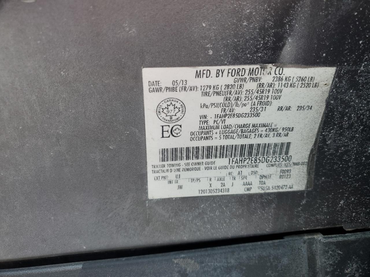 2013 Ford Taurus VIN 1FAHP2E85DG233500 Copart auction photo, front end damage thumbnail 12