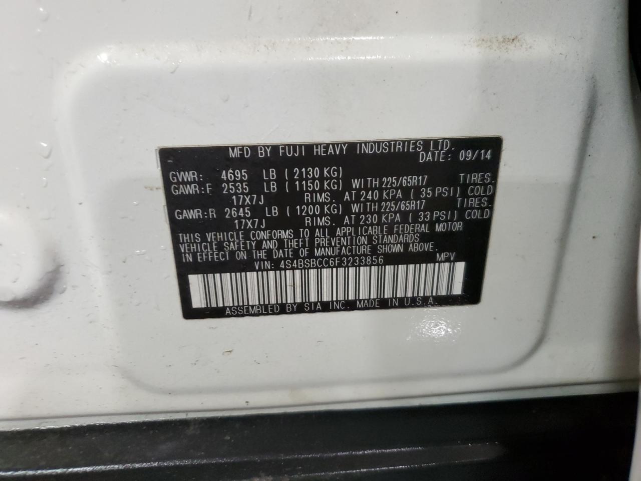 2015 Subaru Outback VIN 4S4BSBCC6F3233856 Copart auction photo, front end damage thumbnail 13