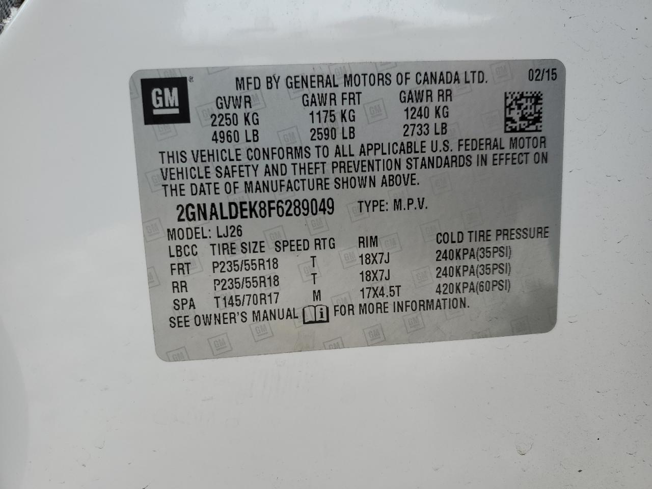 2015 Chevrolet Equinox VIN 2GNALDEK8F6289049 Copart auction photo, all over damage thumbnail 12