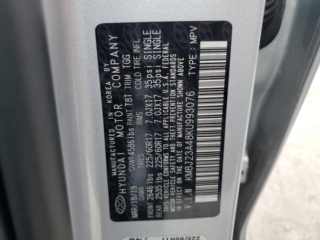 2019 Hyundai Tucson VIN KM8J23A48KU993076 Copart auction photo, front end damage thumbnail 15