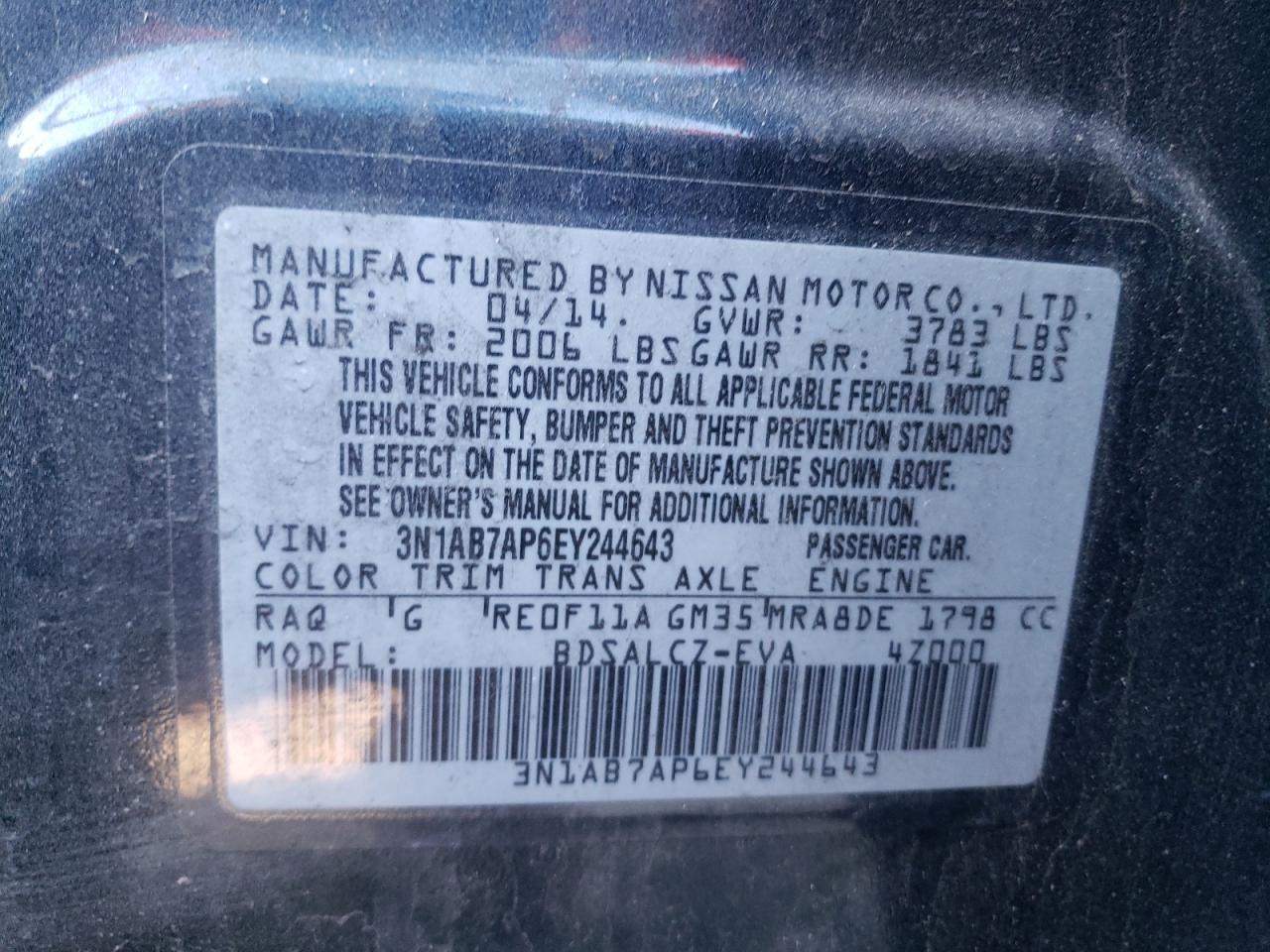 2014 Nissan Sentra VIN 3N1AB7AP6EY244643 Copart auction photo, top/roof / minor dent/scratches damage thumbnail 14
