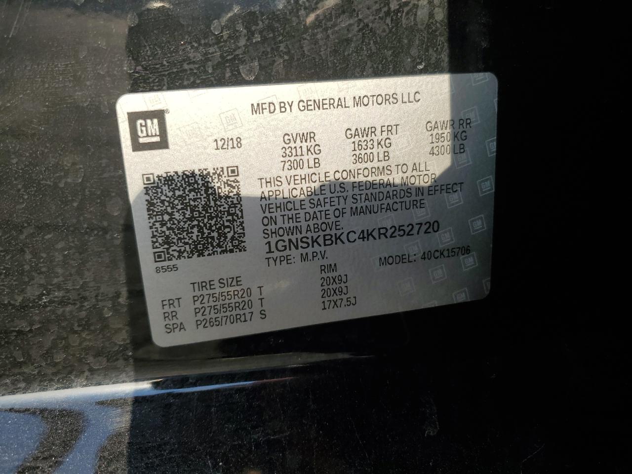 2019 Chevrolet Tahoe VIN 1GNSKBKC4KR252720 Copart auction photo, rollover damage thumbnail 13