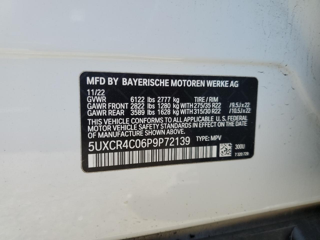 2023 BMW X5 VIN 5UXCR4C06P9P72139 Copart auction photo, rear end / side damage thumbnail 15