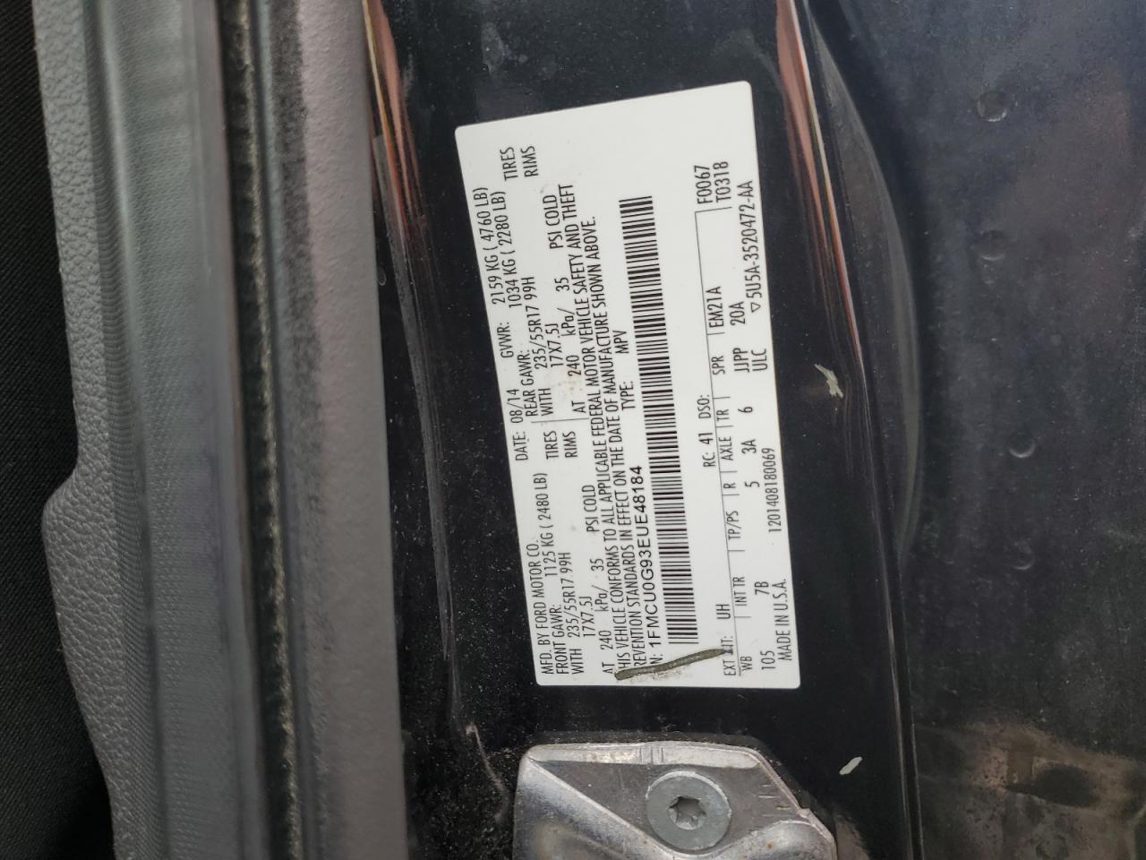 2014 Ford Escape VIN 1FMCU0G93EUE48184 Copart auction photo, minor dent/scratches damage thumbnail 13