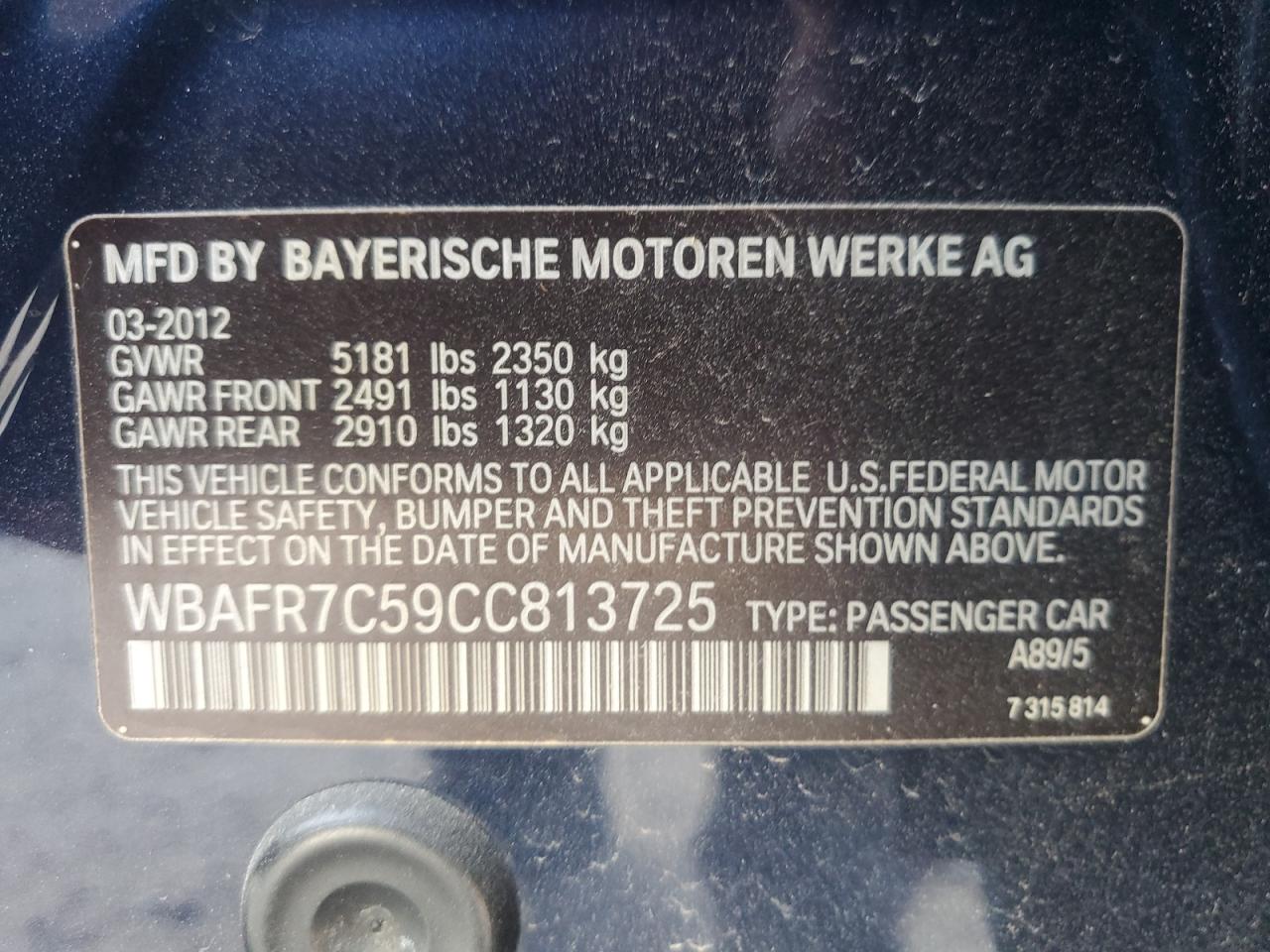 2012 BMW 5er VIN WBAFR7C59CC813725 Copart auction photo, water/flood damage thumbnail 12
