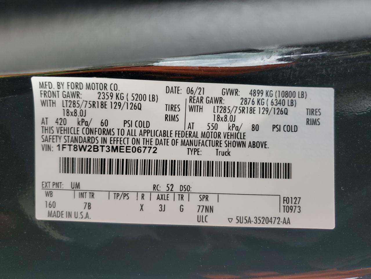2021 Ford F250 VIN 1FT8W2BT3MEE06772 Copart auction photo, front end / side damage thumbnail 15