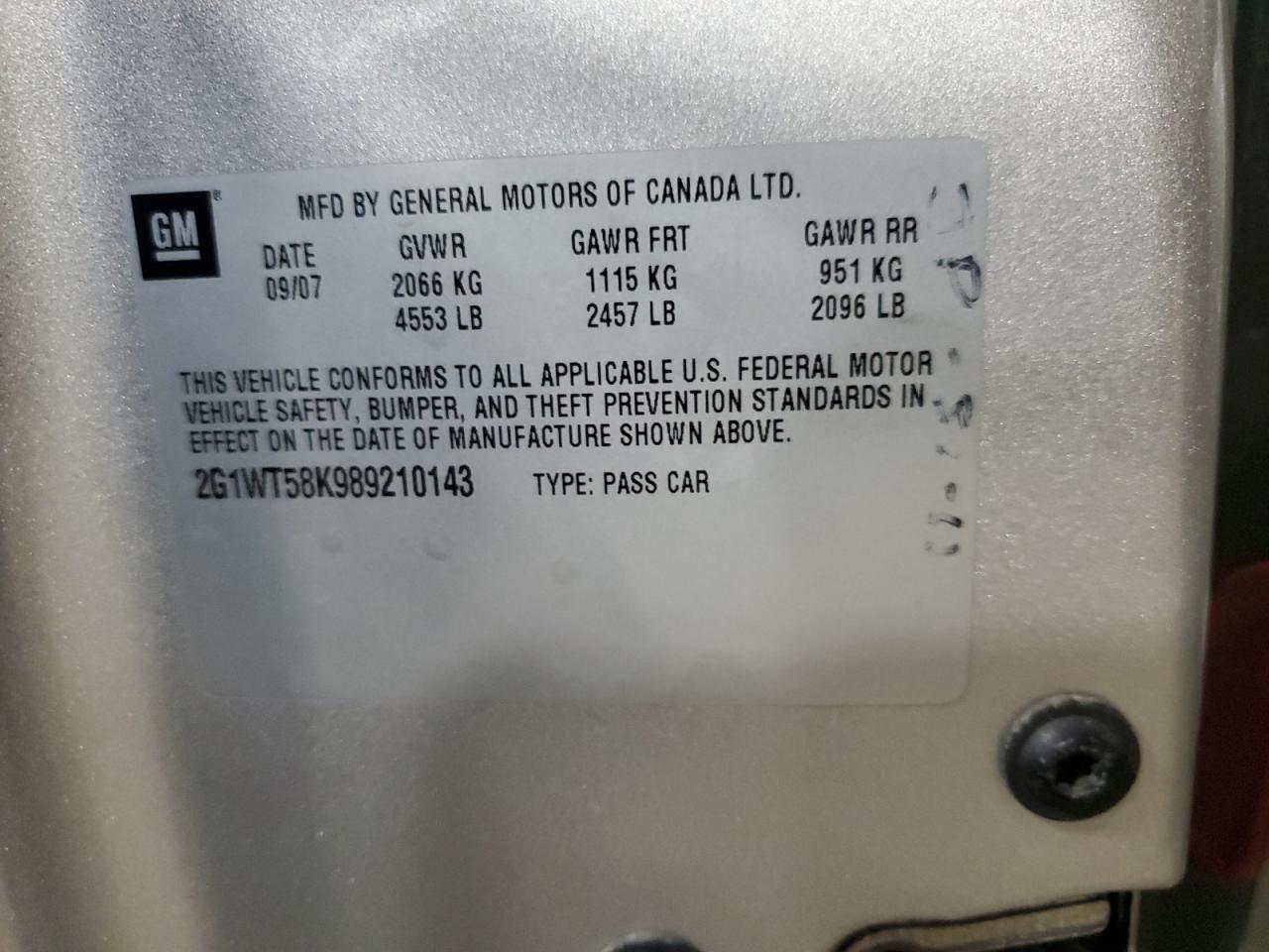 2008 Chevrolet Impala VIN 2G1WT58K989210143 Copart auction photo, side / rear end damage thumbnail 12