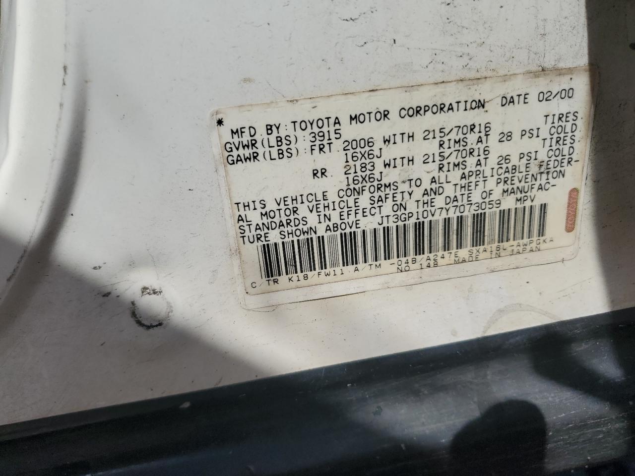 2000 Toyota RAV 4 VIN JT3GP10V7Y7073059 Copart auction photo, front end damage thumbnail 13