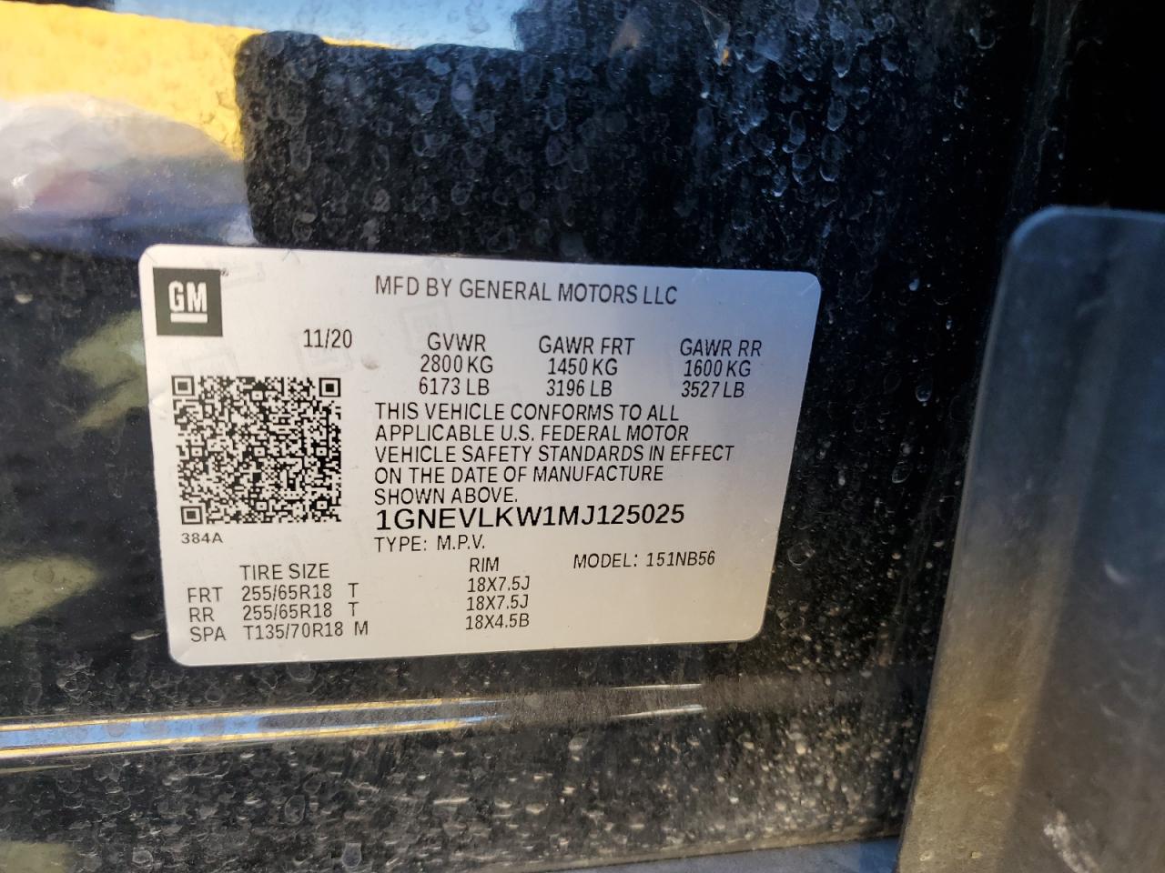 2021 Chevrolet Traverse VIN 1GNEVLKW1MJ125025 Copart auction photo, side / rear end damage thumbnail 14