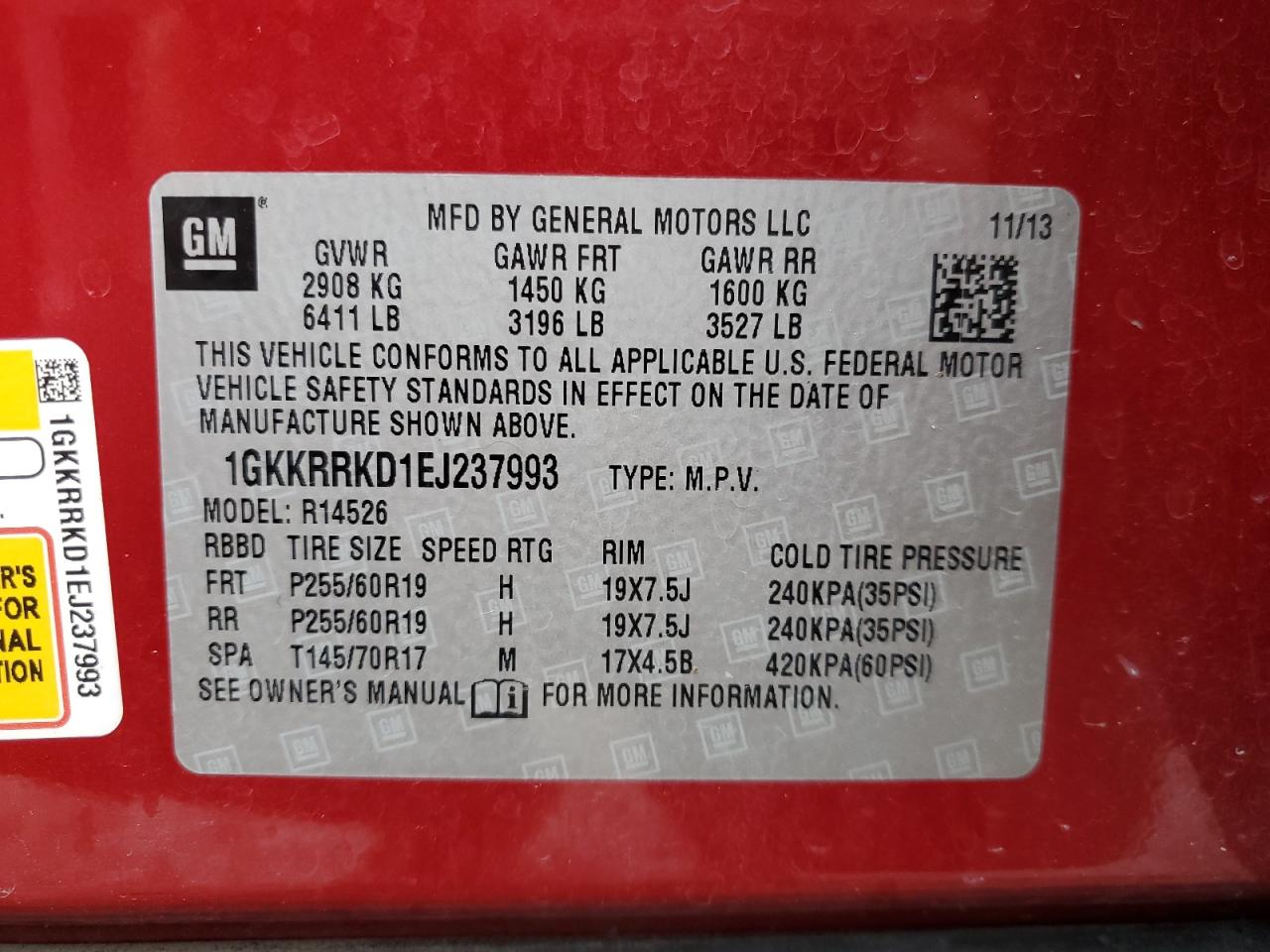 2014 GMC Acadia VIN 1GKKRRKD1EJ237993 Copart auction photo, all over damage thumbnail 13