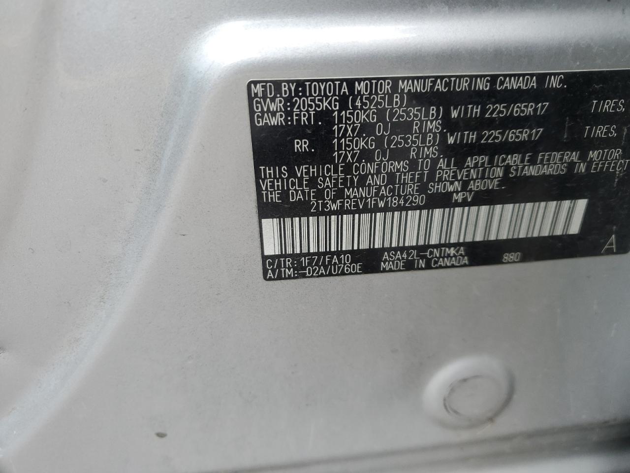 2015 Toyota RAV 4 VIN 2T3WFREV1FW184290 Copart auction photo, front end / side damage thumbnail 15