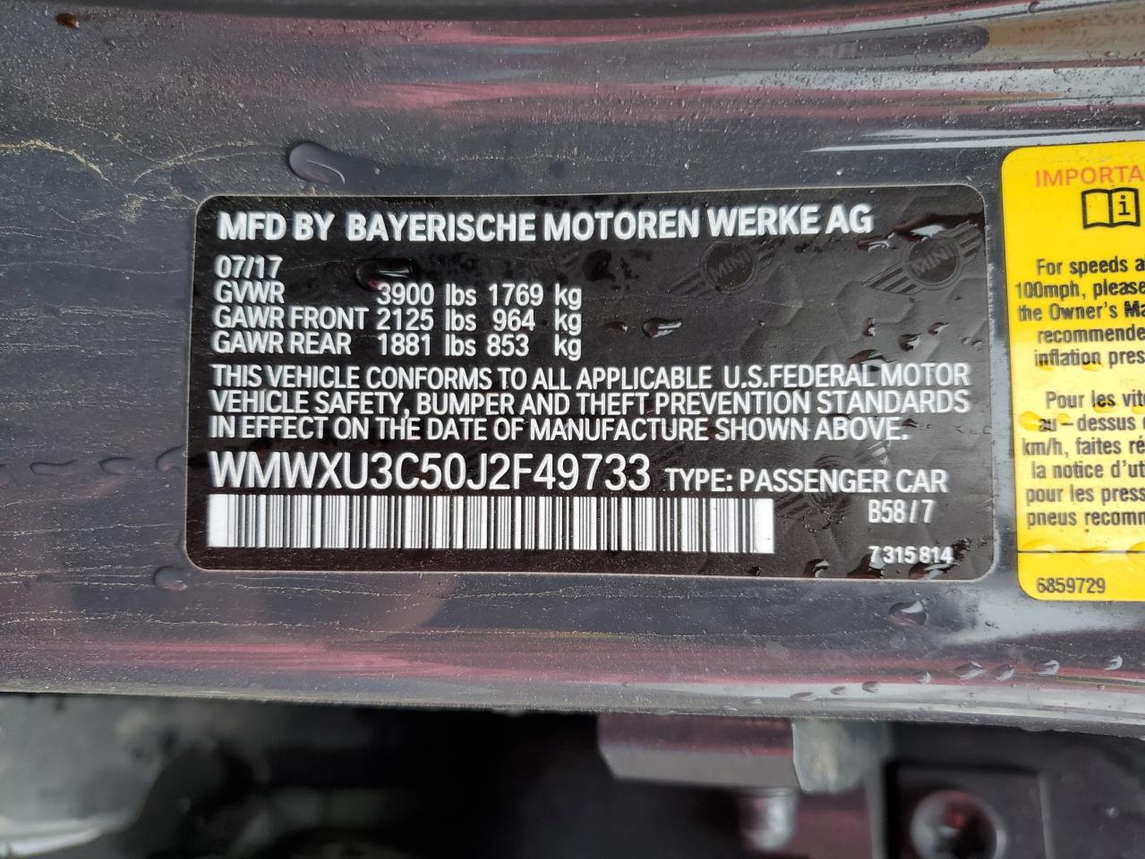 2018 MINI Cooper VIN WMWXU3C50J2F49733 Copart auction photo, rear end damage thumbnail 12