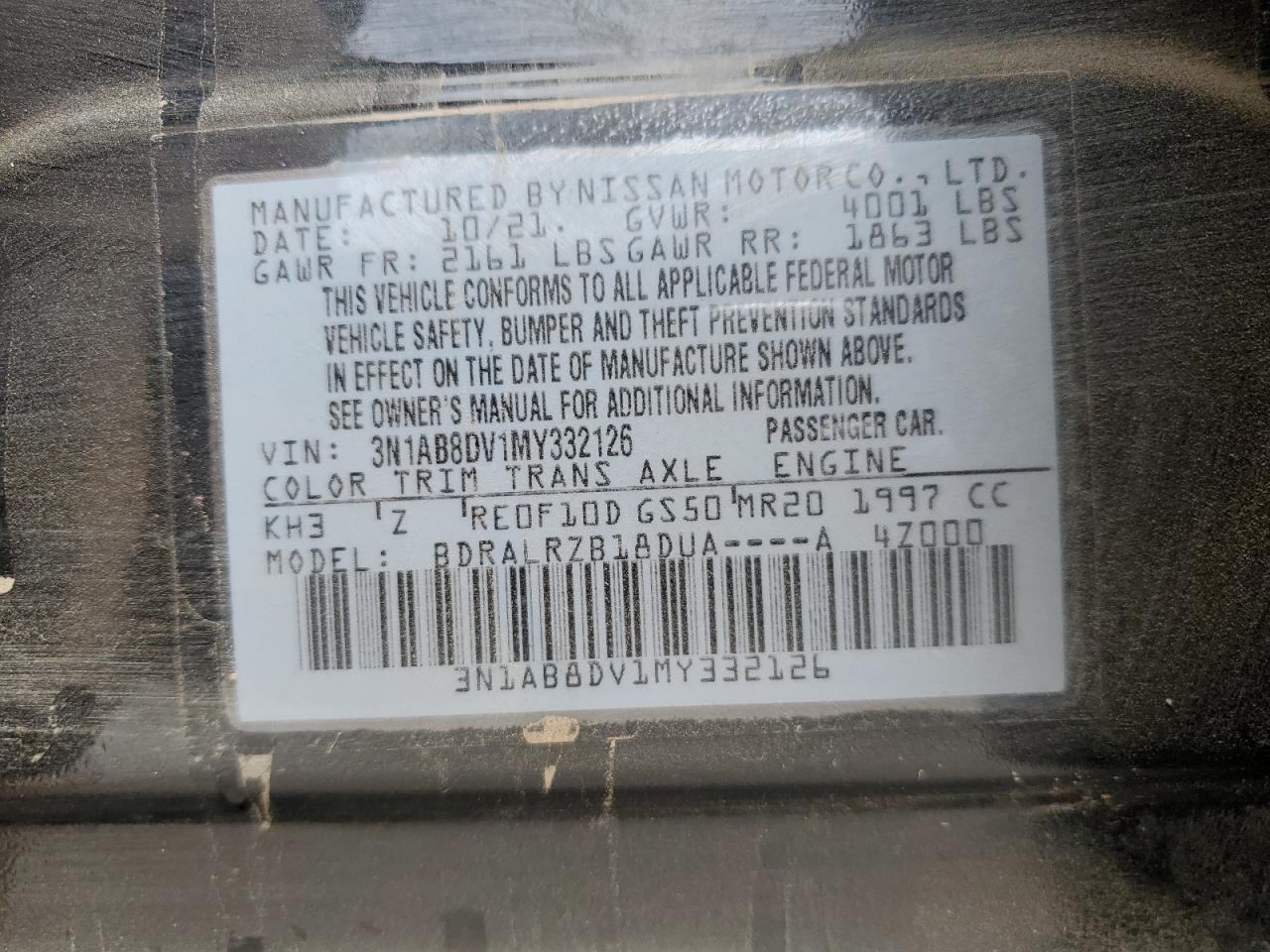 2021 Nissan Sentra VIN 3N1AB8DV1MY332126 Copart auction photo, rear end damage thumbnail 12