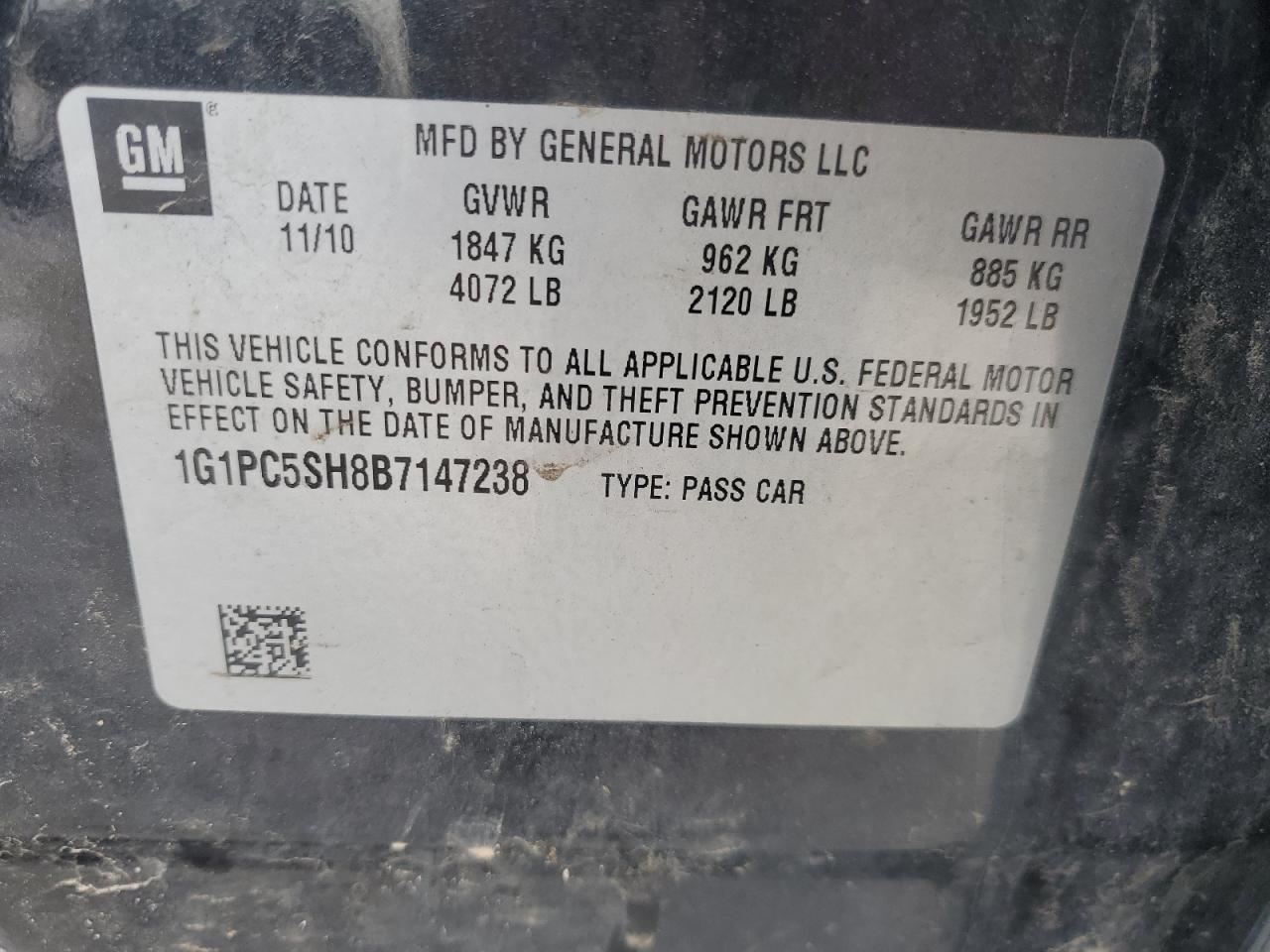 2011 Chevrolet Cruze VIN 1G1PC5SH8B7147238 Copart auction photo, front end / undercarriage damage thumbnail 12