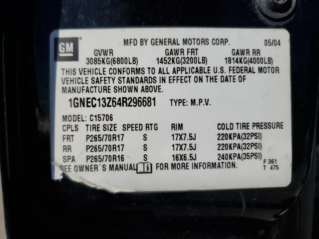 2004 Chevrolet Tahoe VIN 1GNEC13Z64R296681 Copart auction photo, front end / side damage thumbnail 13