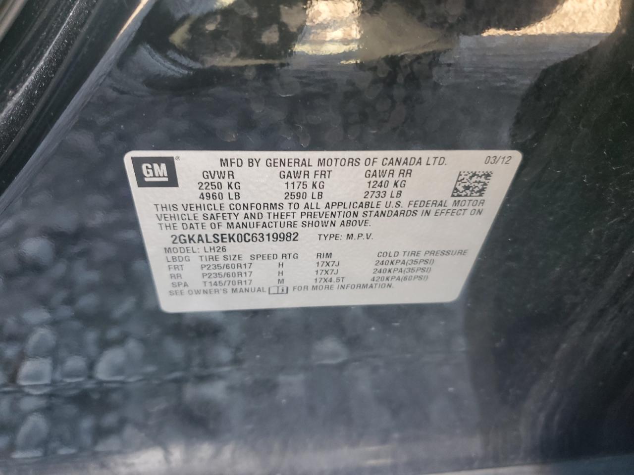 2012 GMC Terrain VIN 2GKALSEK0C6319982 Copart auction photo, front end damage thumbnail 13