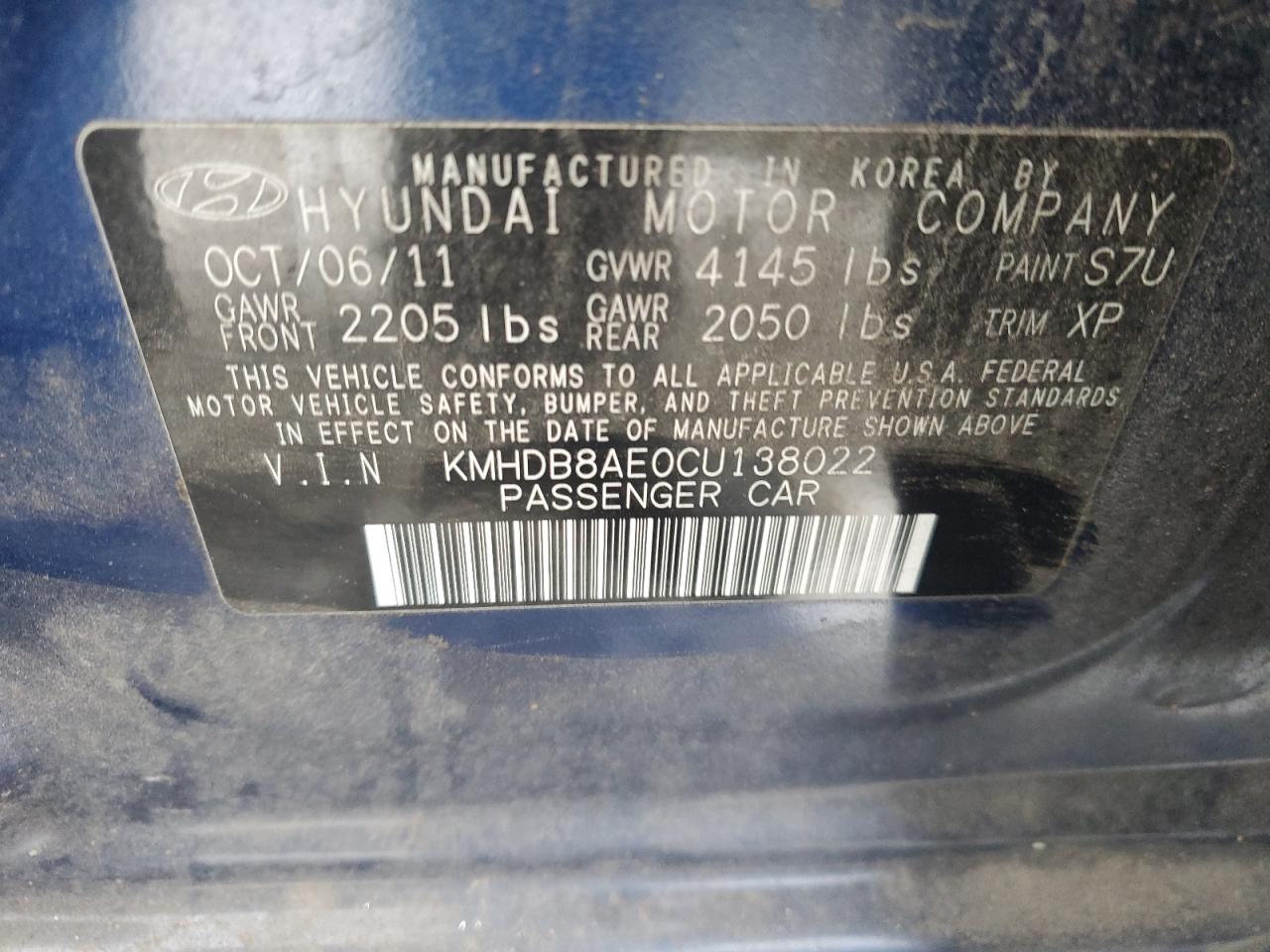 2012 Hyundai Elantra VIN KMHDB8AE0CU138022 Copart auction photo, front end damage thumbnail 12