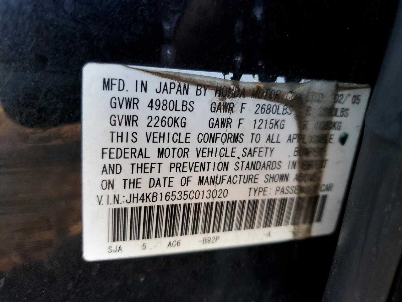 2005 Acura RL VIN JH4KB16535C013020 Copart auction photo, front end damage thumbnail 14