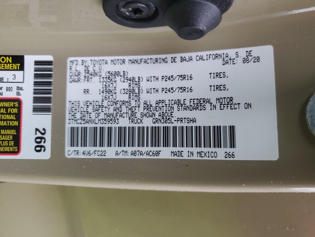 2020 Toyota Tacoma VIN 3TMCZ5ANXLM359593 Copart auction photo, front end / minor dent/scratches damage thumbnail 14