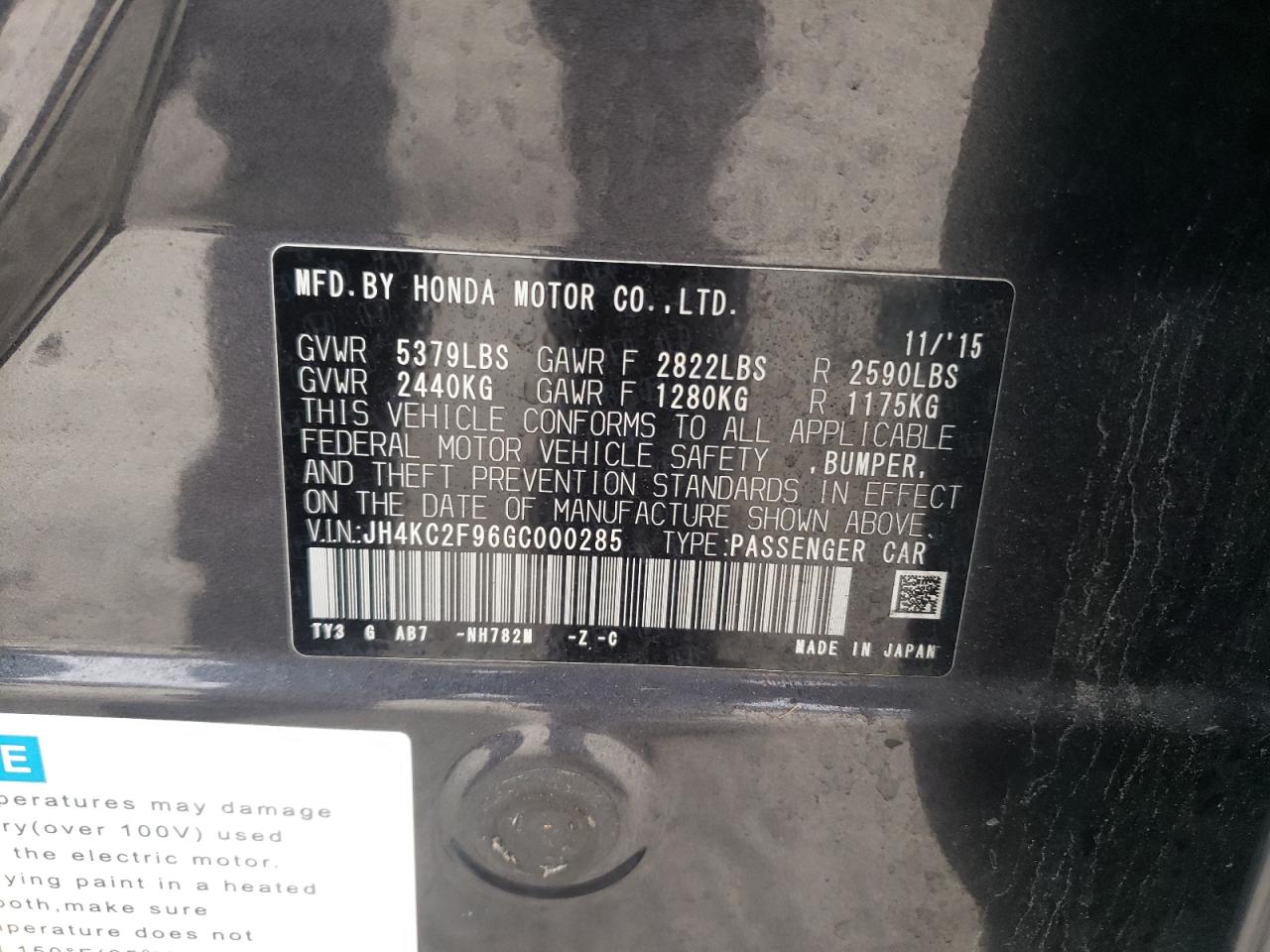 2016 Acura RLX VIN JH4KC2F96GC000285 Copart auction photo, front end damage thumbnail 12
