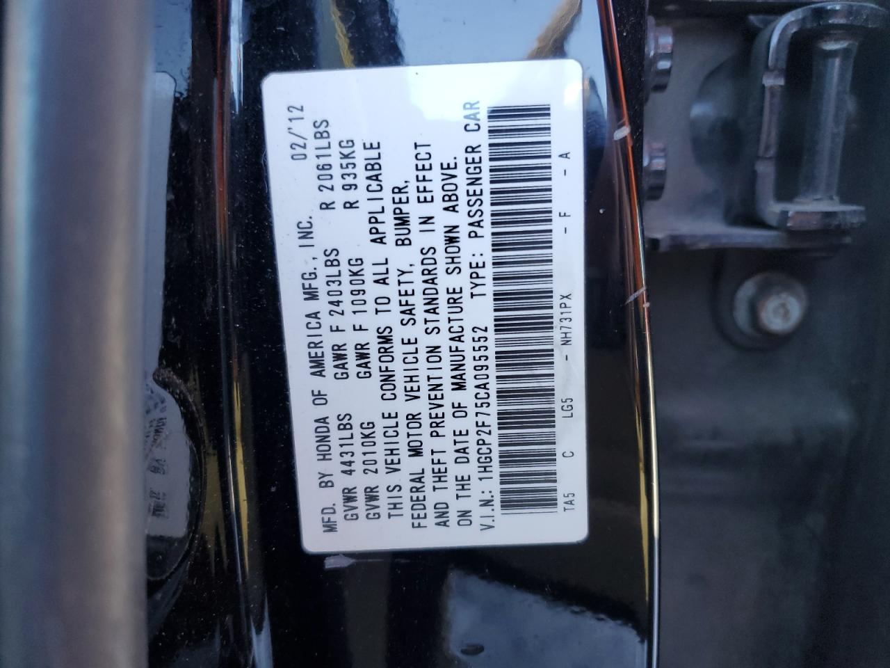 2012 Honda Accord VIN 1HGCP2F75CA095552 Copart auction photo, all over damage thumbnail 13
