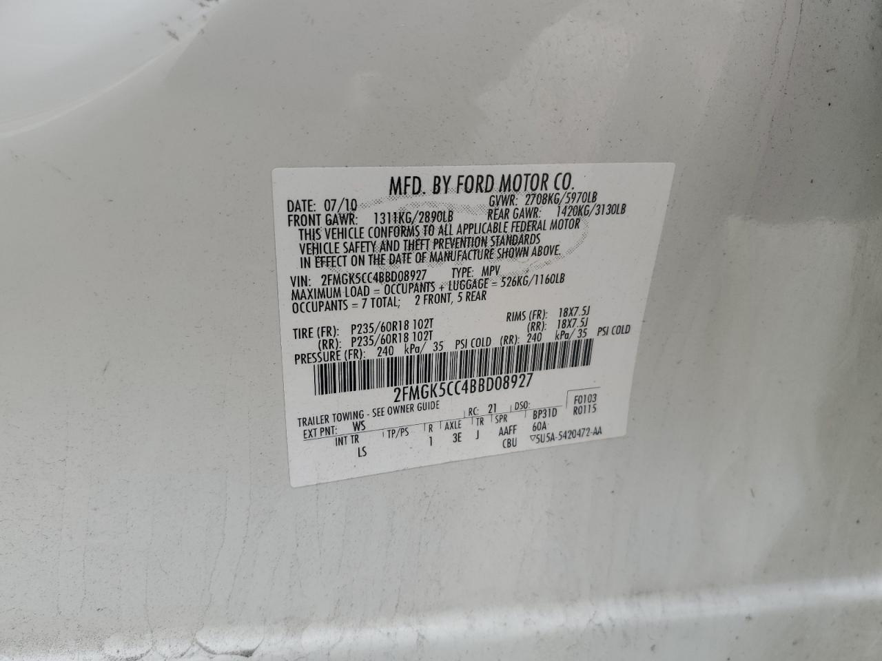 2011 Ford Flex VIN 2FMGK5CC4BBD08927 Copart auction photo, front end damage thumbnail 13