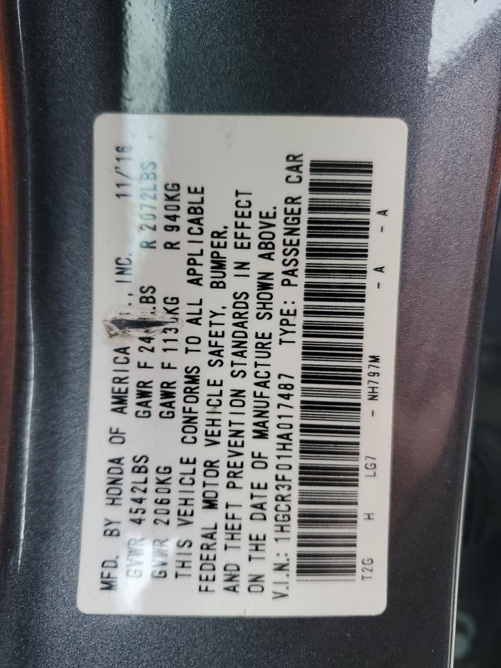 2017 Honda Accord VIN 1HGCR3F01HA017487 Copart auction photo, rear end / side damage thumbnail 12