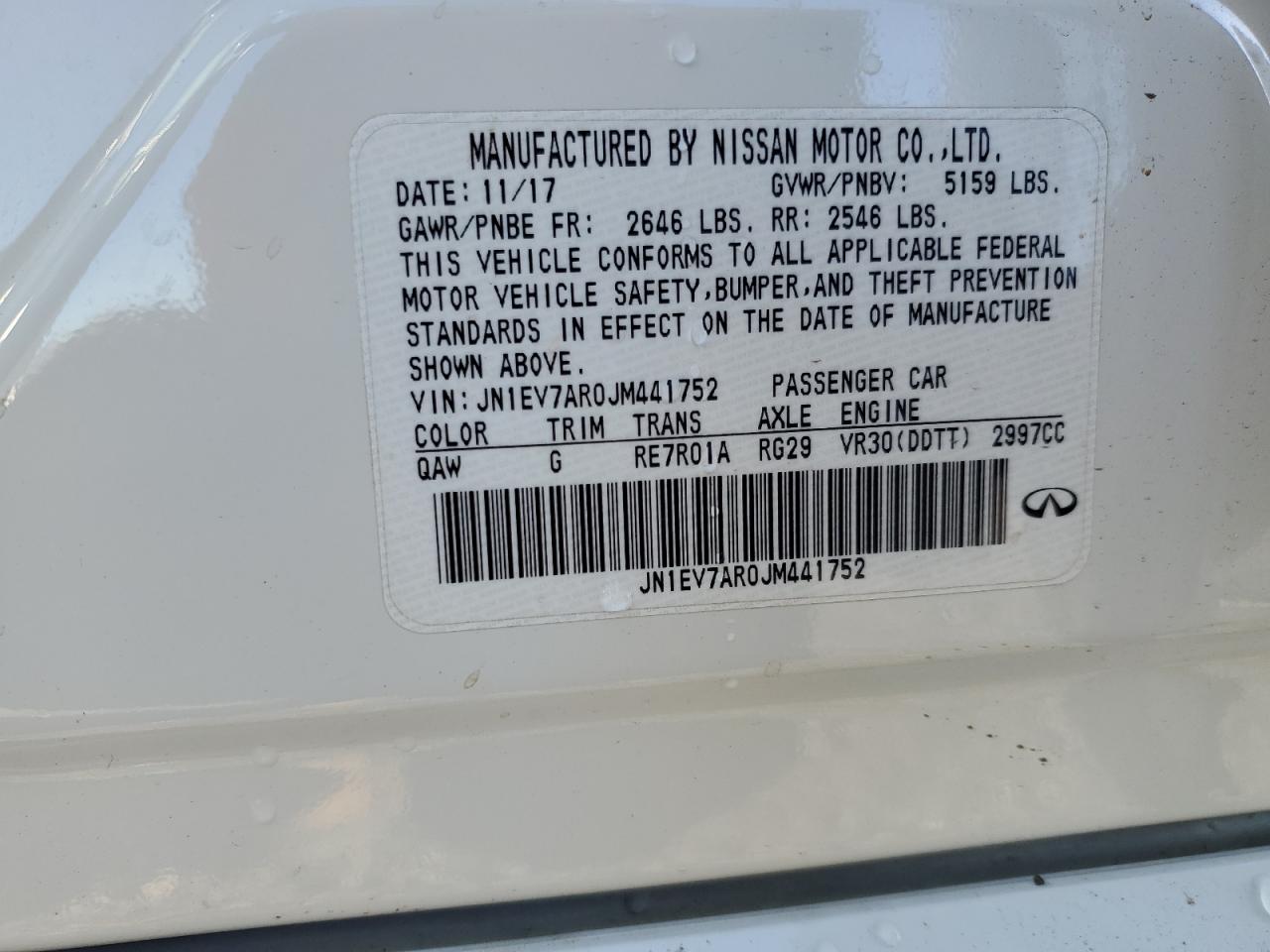 2018 Infiniti Q50 VIN JN1EV7AR0JM441752 Copart auction photo, front end / rear end damage thumbnail 12