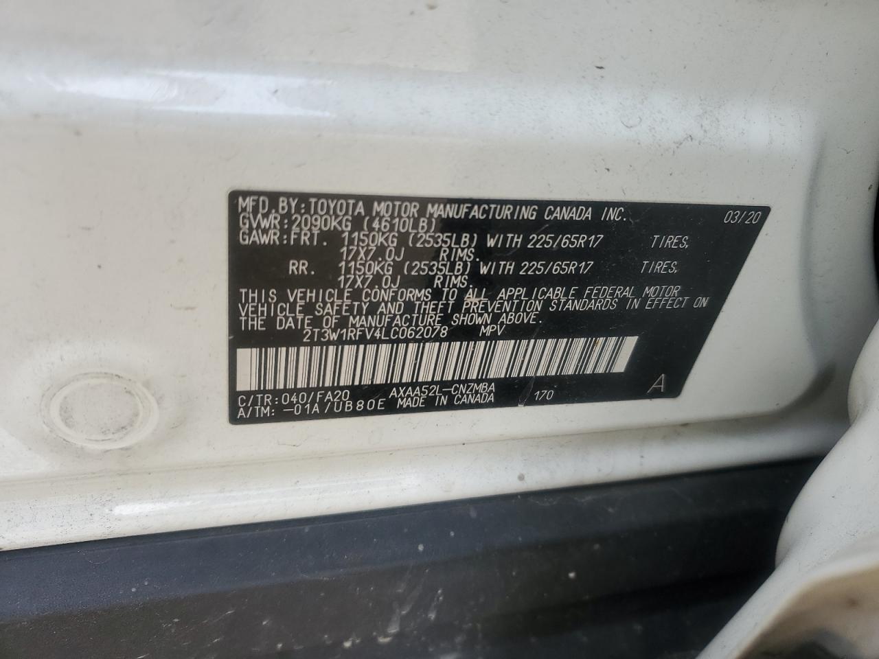 2020 Toyota RAV 4 VIN 2T3W1RFV4LC062078 Copart auction photo, all over damage thumbnail 13
