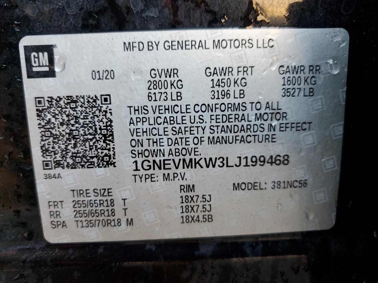 2020 Chevrolet Traverse VIN 1GNEVMKW3LJ199468 Copart auction photo, rear end damage thumbnail 13