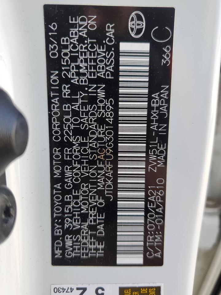 2016 Toyota Prius VIN JTDKARFU9G3014895 Copart auction photo, front end / side damage thumbnail 12