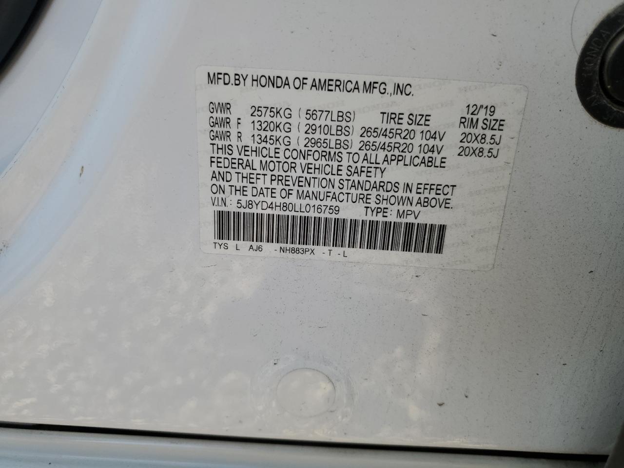2020 Acura MDX VIN 5J8YD4H80LL016759 Copart auction photo, front end damage thumbnail 12